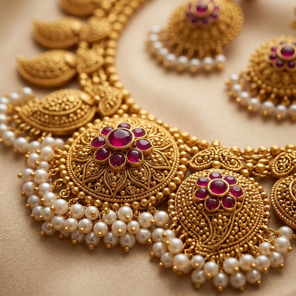 Royal 1-Gram Gold Plated Multi-Layered Mohanmala Haram Set with Kemp Ruby & Pearls - Macro Detail Craftsmanship Focus