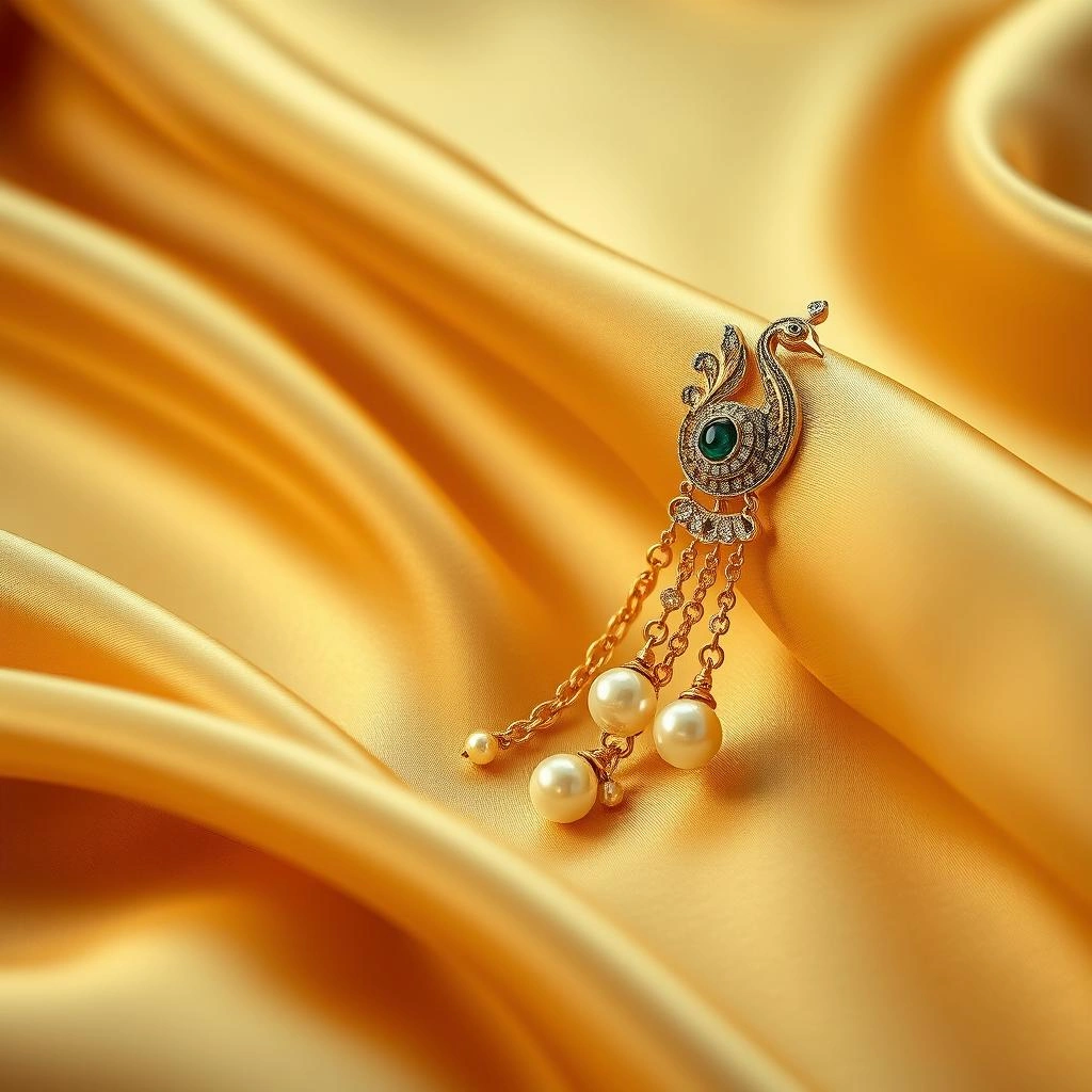 Royal 1-Gram Gold Plated Peacock Kaanbali Ear Cuffs with Triple Pearl Chains - 45° Hero Perspective Angle
