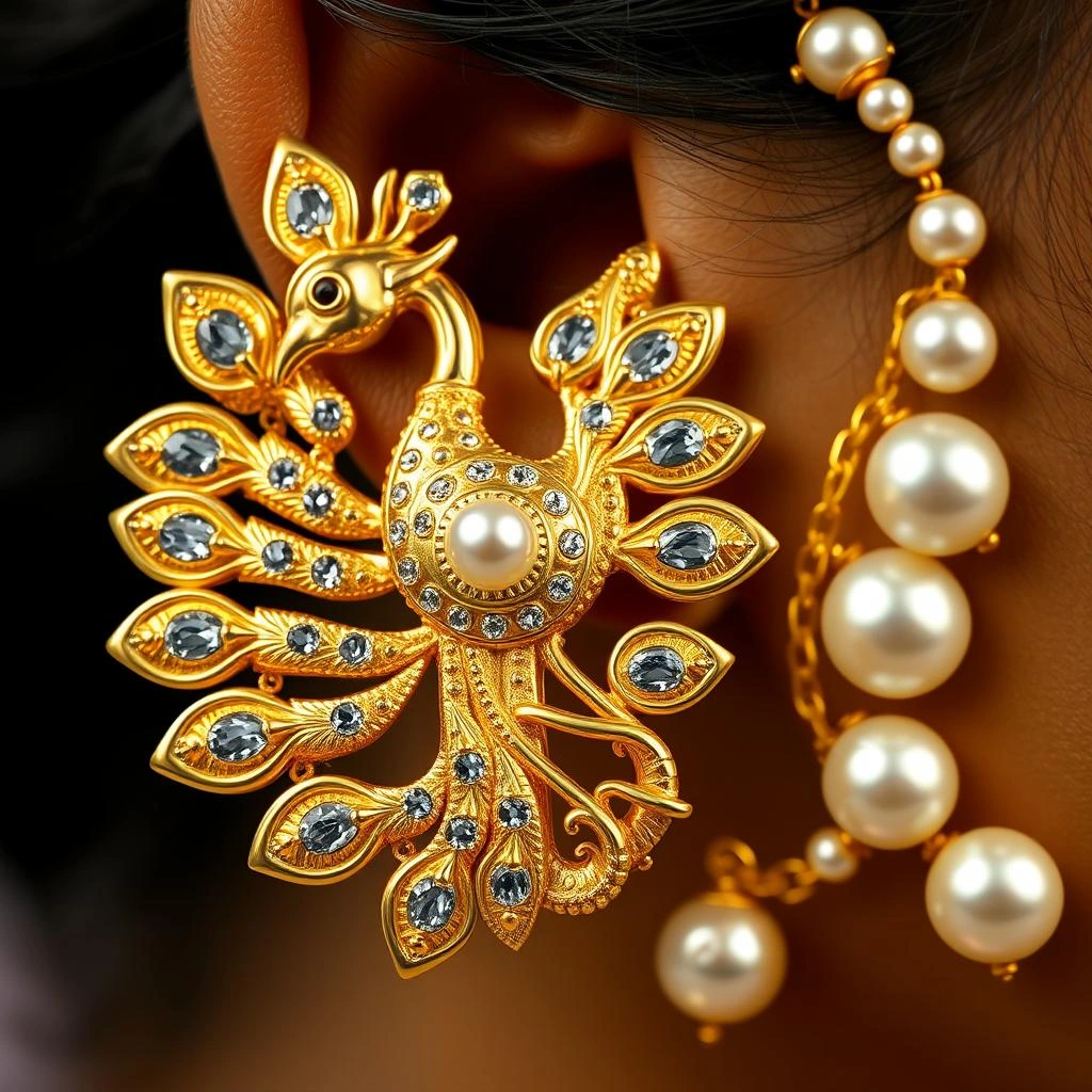 Royal 1-Gram Gold Plated Peacock Kaanbali Ear Cuffs with Triple Pearl Chains - Macro Detail Craftsmanship Focus