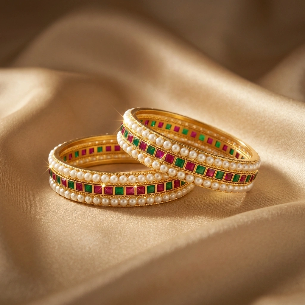 Royal 1-Gram Gold Plated Kemp Ruby Emerald & Pearl Border Bangles - 45° Hero Perspective Angle