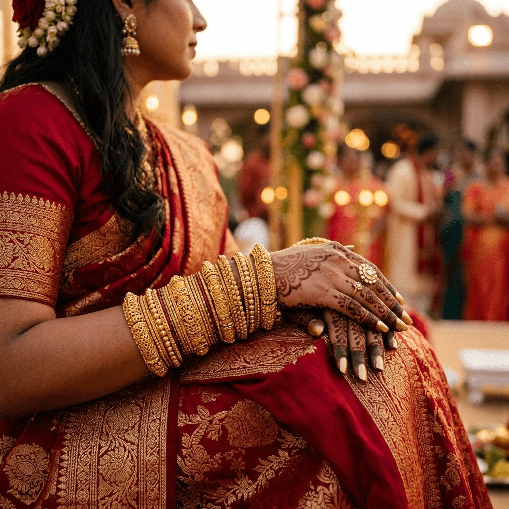 Royal 1-Gram Gold Plated Kemp Ruby Emerald & Pearl Border Bangles - On-Model Luxury Lifestyle Shot