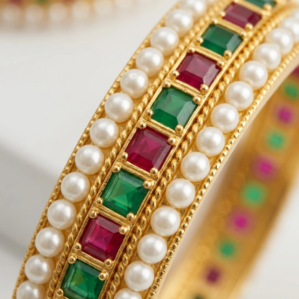 Royal 1-Gram Gold Plated Kemp Ruby Emerald & Pearl Border Bangles - Macro Detail Craftsmanship Focus