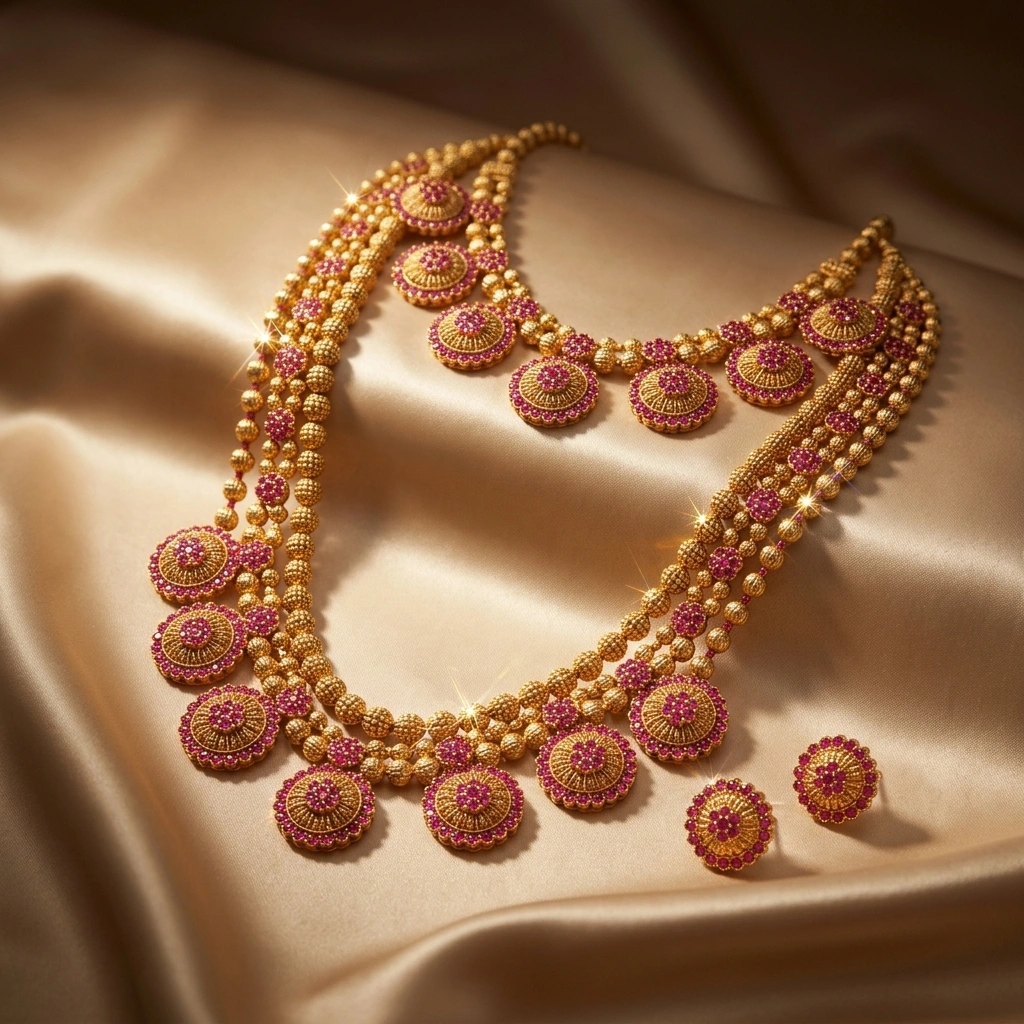 Royal 1-Gram Gold Plated Kemp Ruby Floral Medallion Double Necklace Combo Set - 45° Hero Perspective Angle