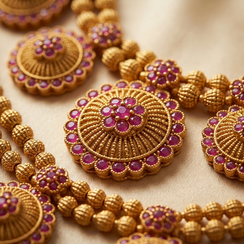 Royal 1-Gram Gold Plated Kemp Ruby Floral Medallion Double Necklace Combo Set - Macro Detail Craftsmanship Focus