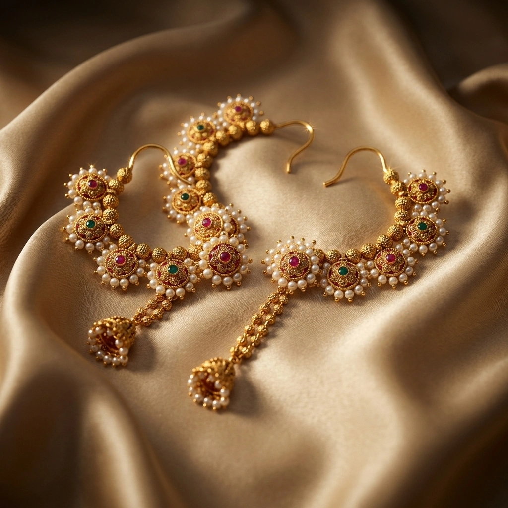 Royal South Indian Kemp Ruby Temple Ear Cuffs with Gold Beaded Chains - 45° Hero Perspective Angle