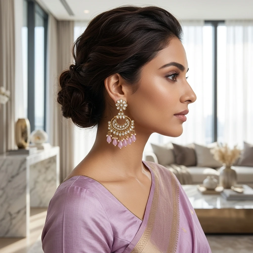 Royal South Indian Kemp Ruby Temple Ear Cuffs with Gold Beaded Chains - On-Model Luxury Lifestyle Shot