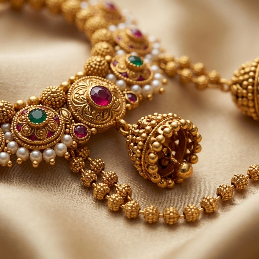 Royal South Indian Kemp Ruby Temple Ear Cuffs with Gold Beaded Chains - Macro Detail Craftsmanship Focus