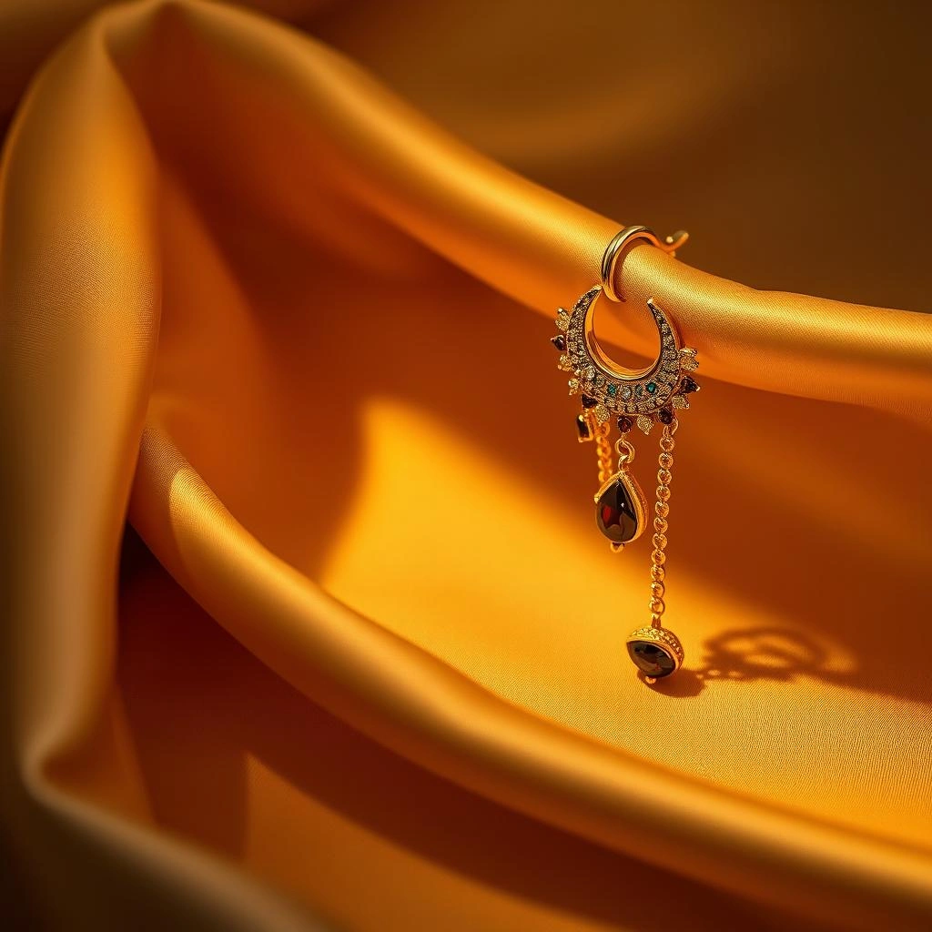 Traditional 1-Gram Gold Crescent Chand Jhumki Ear Cuffs with Champaswaralu Hair Chains - 45° Hero Perspective Angle