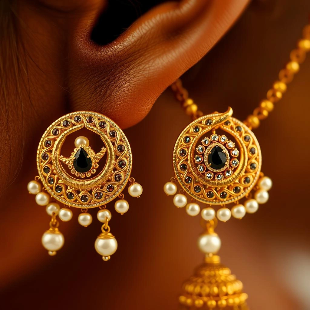 Traditional 1-Gram Gold Crescent Chand Jhumki Ear Cuffs with Champaswaralu Hair Chains - Macro Detail Craftsmanship Focus