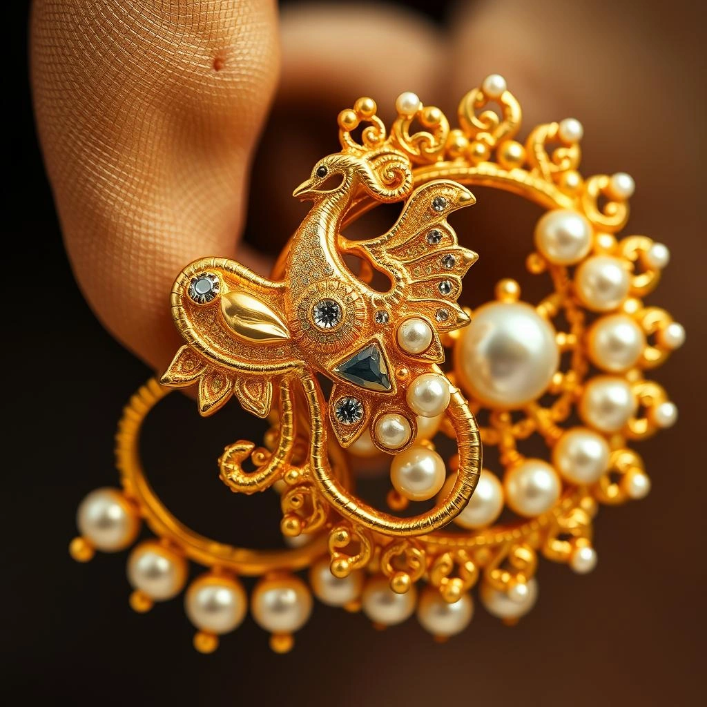 Traditional 1-Gram Gold Mayur Peacock Nakshi Ear Cuffs with Pearl Matilu - Macro Detail Craftsmanship Focus