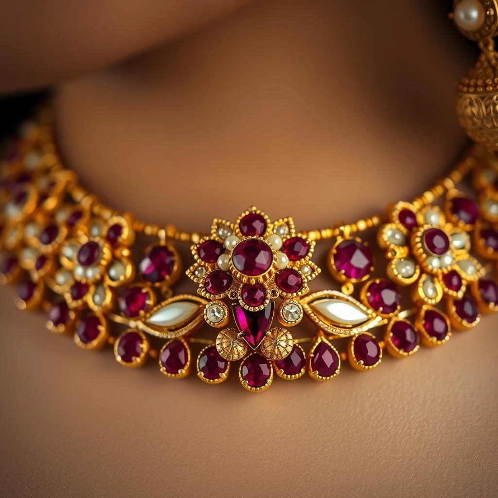 Traditional Kemp Ruby & Kundan Crescent Chand Floral Choker Set - Macro Detail Craftsmanship Focus