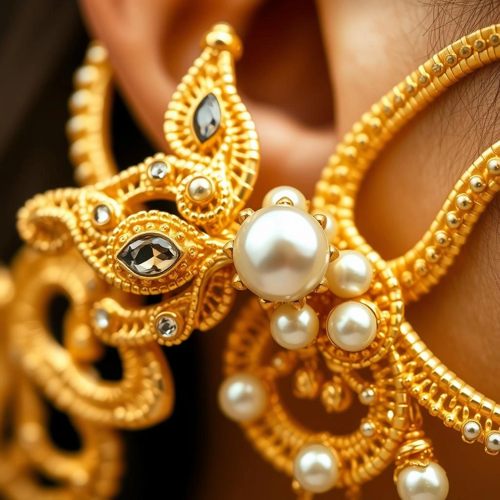 Vintage 1-Gram Gold Filigree Kairi Mango Ear Cuffs with Pearl Kanauti - Macro Detail Craftsmanship Focus