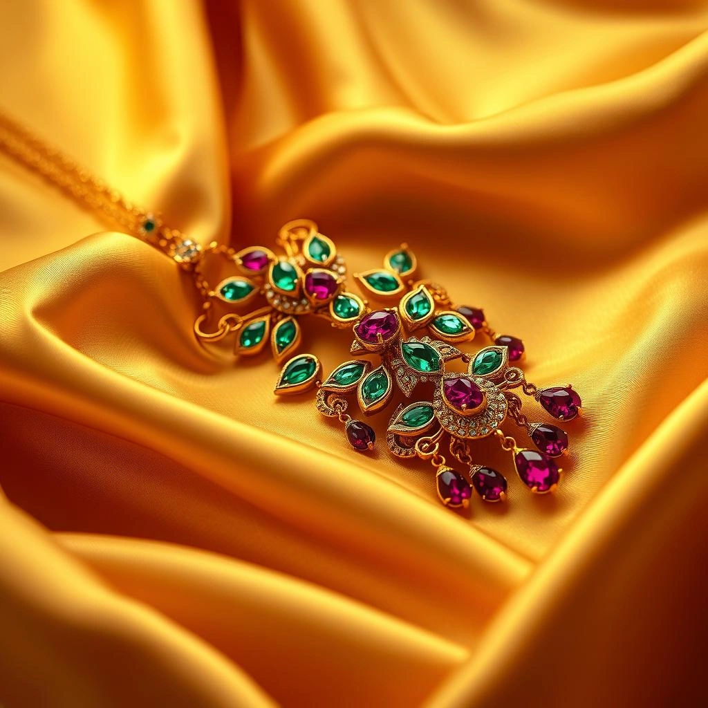 Grand 1-Gram Gold Kolhapuri Saaj Haar with Ghungroo & Emerald Cabochons - 45° Hero Perspective Angle