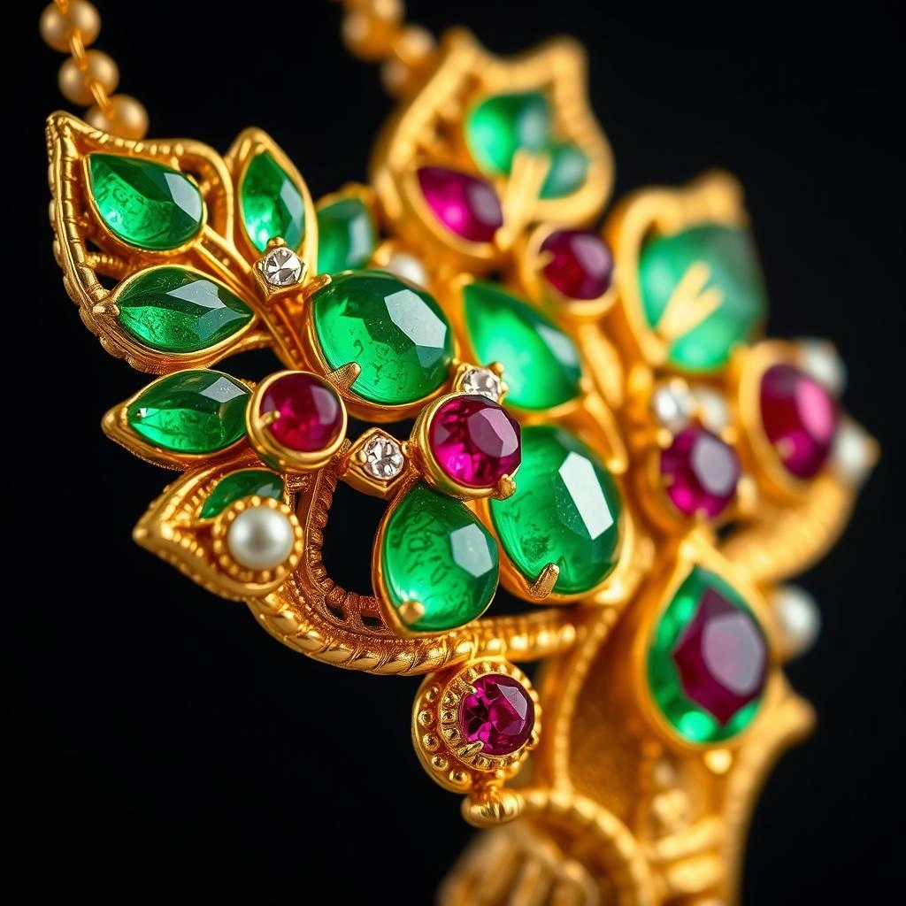 Grand 1-Gram Gold Kolhapuri Saaj Haar with Ghungroo & Emerald Cabochons - Macro Detail Craftsmanship Focus