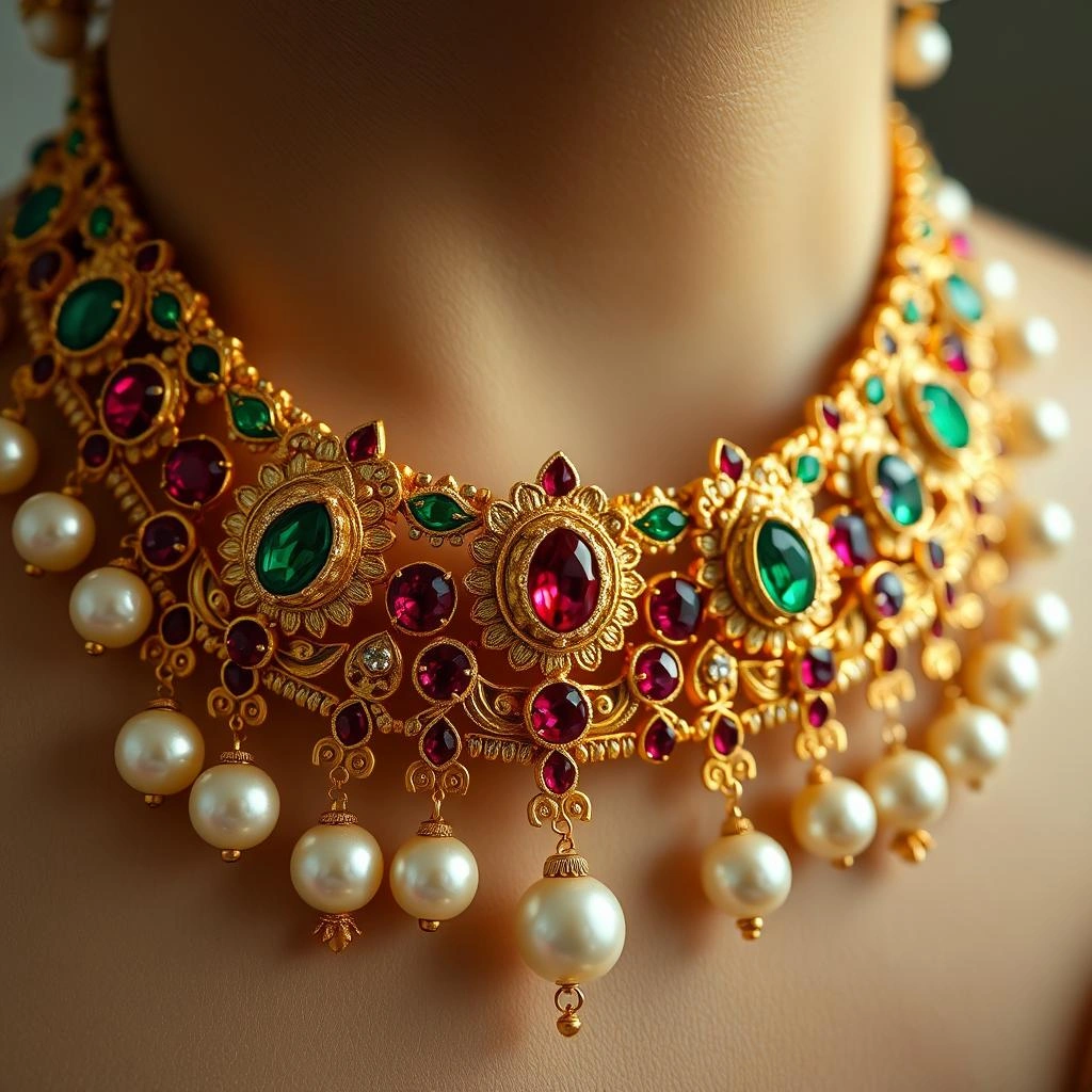 Grand Bridal Kundan & Kemp Ruby-Emerald Choker with Royal Medallions - Macro Detail Craftsmanship Focus
