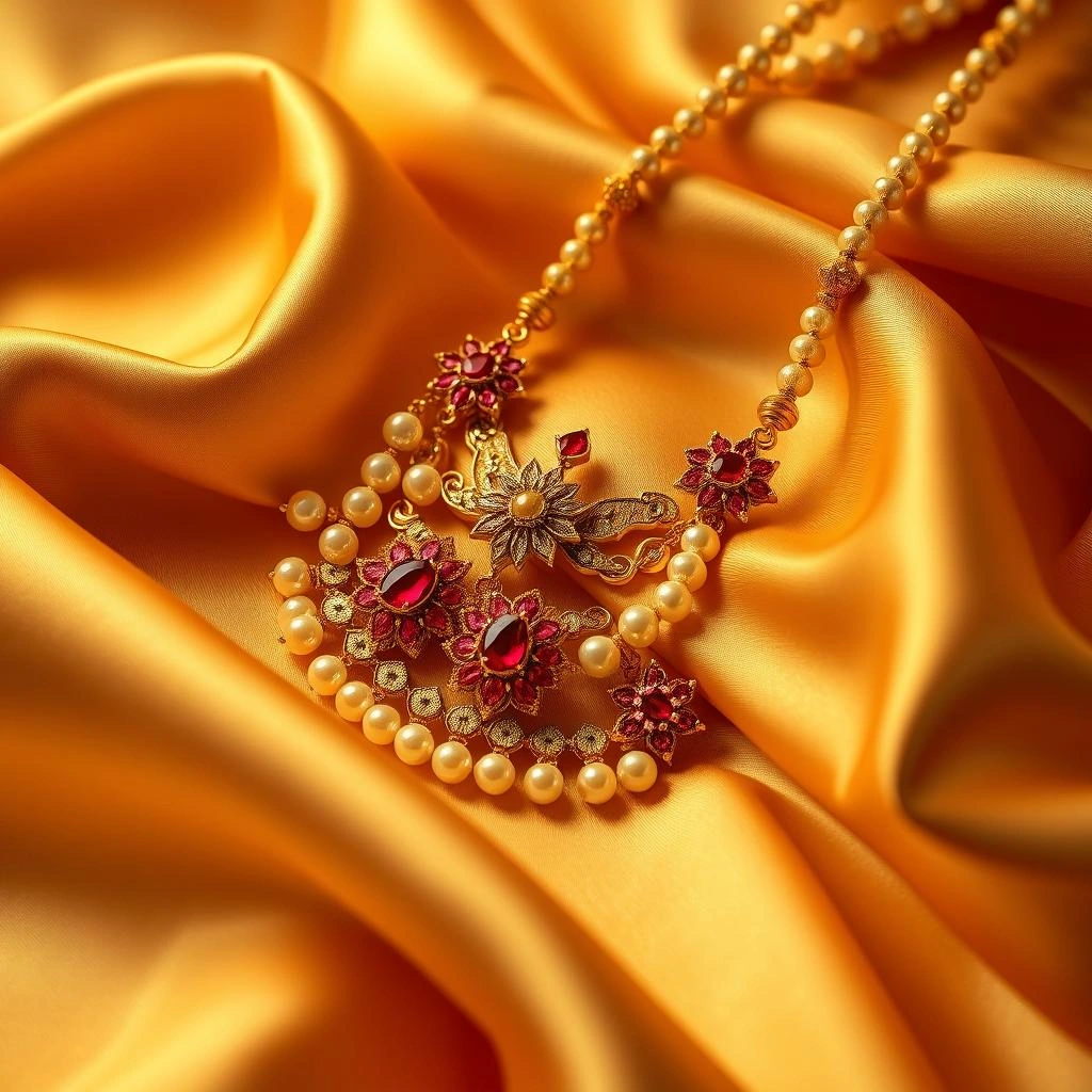 Grand Maharashtrian 1-Gram Gold 3-Line Mohan Mala with Floral Kemp Ruby Brooches - 45° Hero Perspective Angle