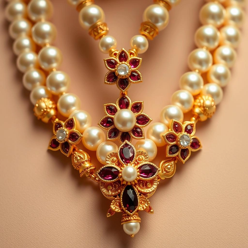 Grand Maharashtrian 1-Gram Gold 3-Line Mohan Mala with Floral Kemp Ruby Brooches - Macro Detail Craftsmanship Focus