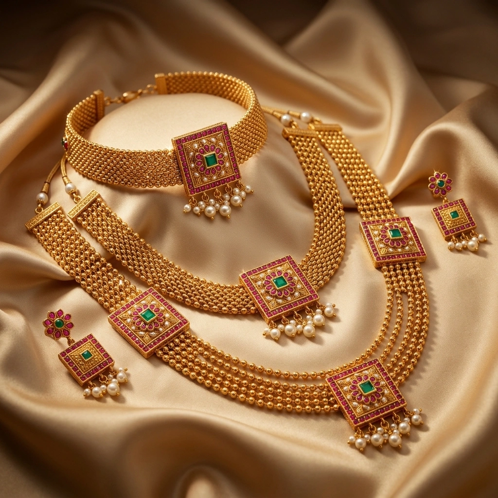 Grand Maharashtrian 1-Gram Gold Chatai Mesh Haram & Choker Bridal Combo Set - 45° Hero Perspective Angle