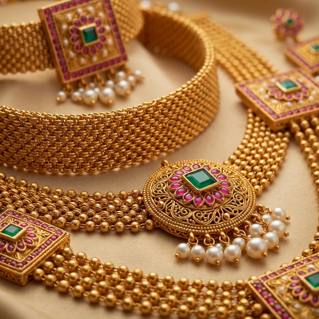 Grand Maharashtrian 1-Gram Gold Chatai Mesh Haram & Choker Bridal Combo Set - Macro Detail Craftsmanship Focus