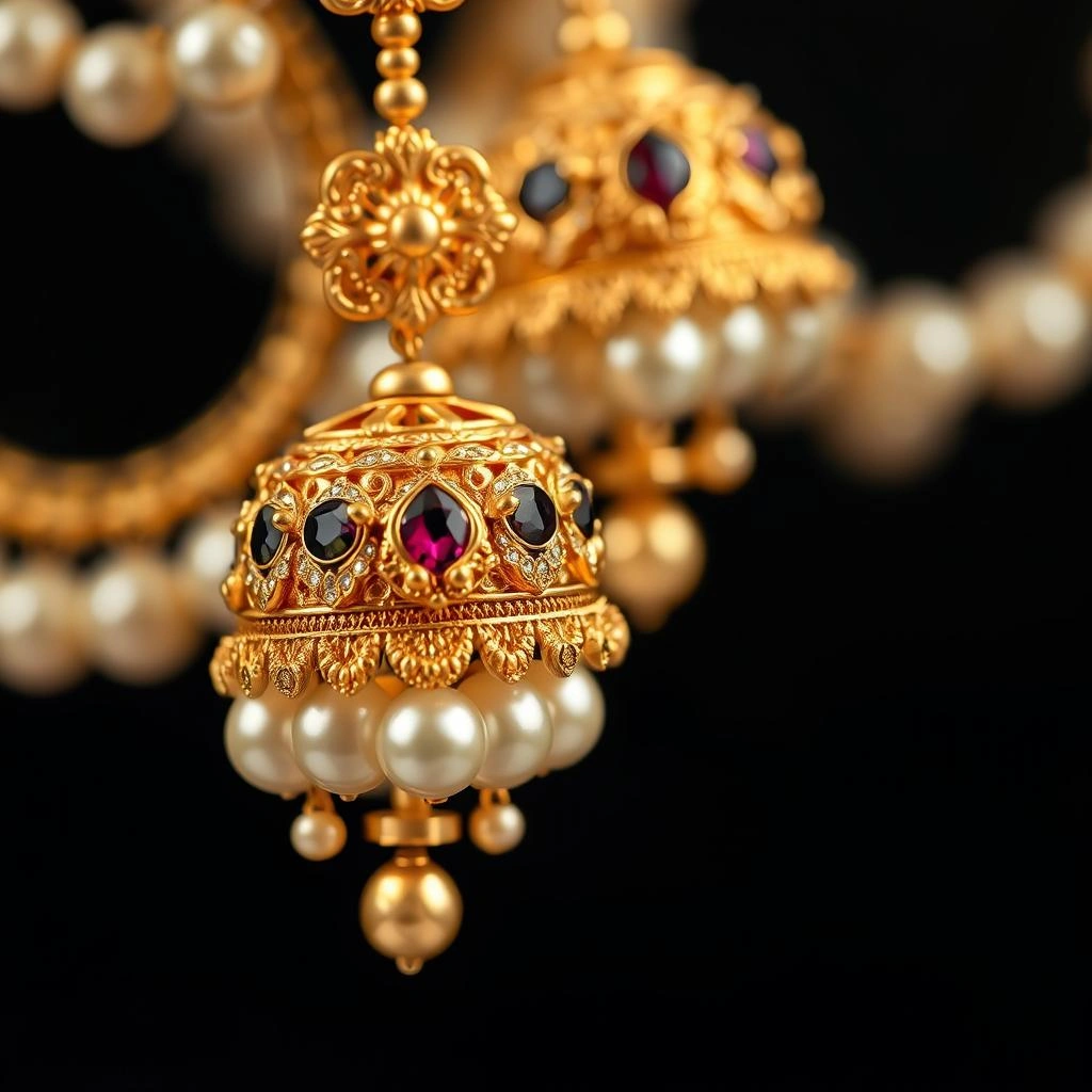 Grand Maharashtrian 1-Gram Gold Kaan Pasha Danglers with Quad Pearl Chains - Macro Detail Craftsmanship Focus