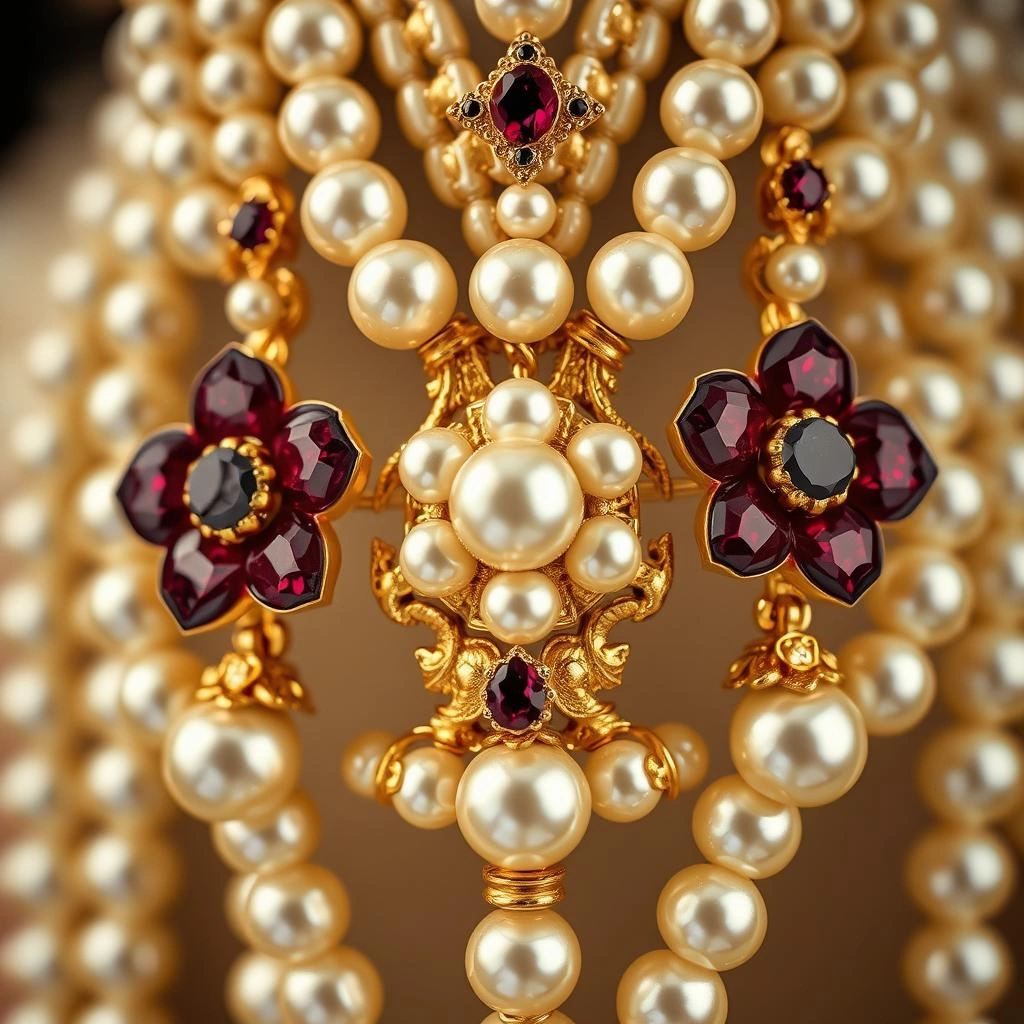 Grand Maharashtrian Chinchpeti Moti Haar with Ruby Floral Brooches - Macro Detail Craftsmanship Focus
