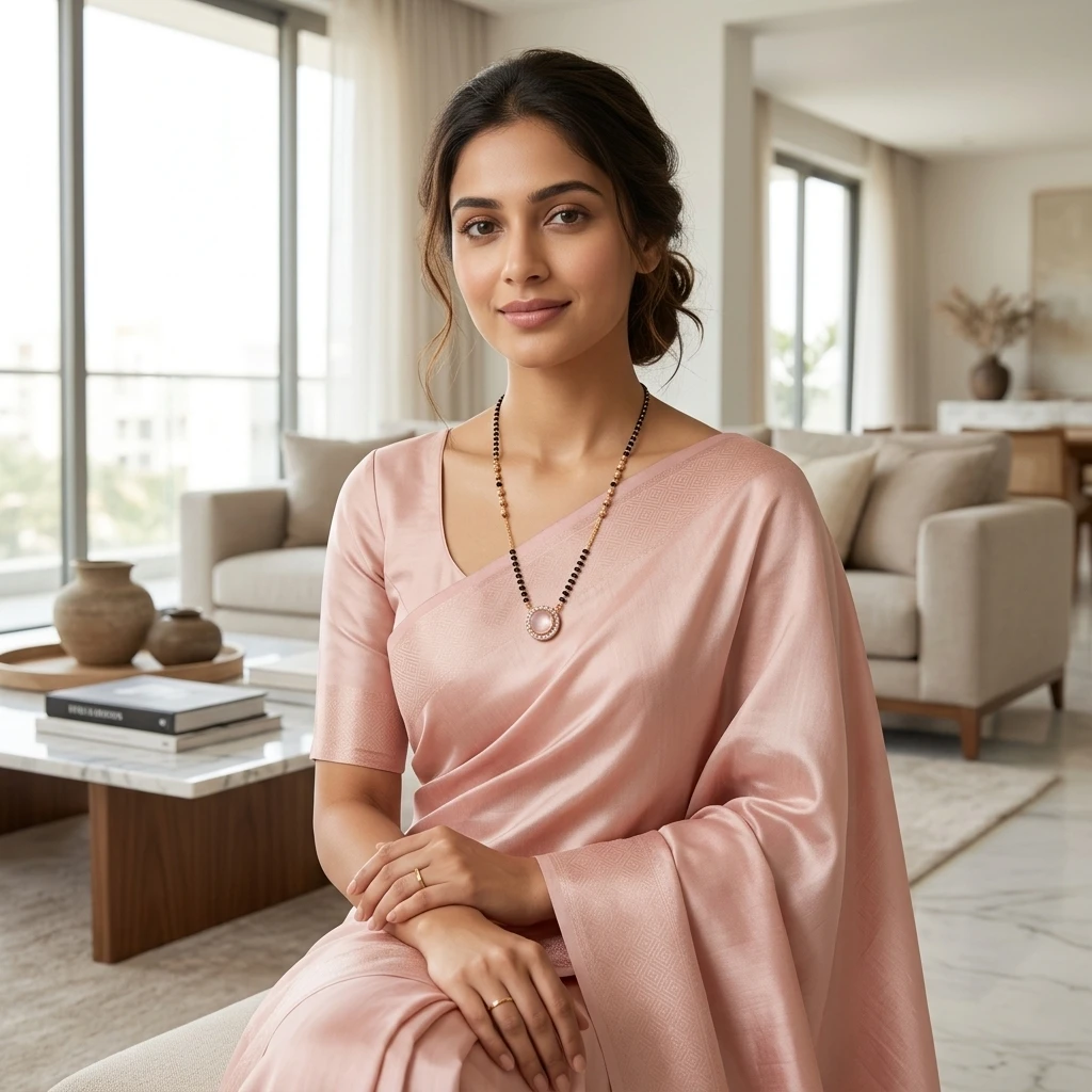 Rose Gold Round Halo Blush Pink Crystal Short Mangalsutra - On-Model Luxury Lifestyle Shot