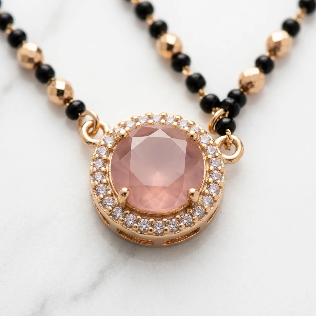 Rose Gold Round Halo Blush Pink Crystal Short Mangalsutra