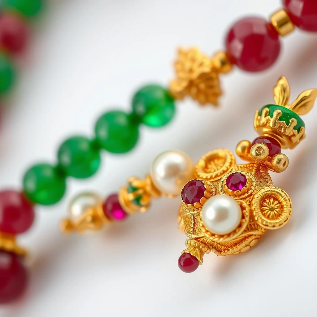 Heritage 1-Gram Gold Kolhapuri Saaj with Emerald & Ruby Crystal Beads Mala - Macro Detail Craftsmanship Focus