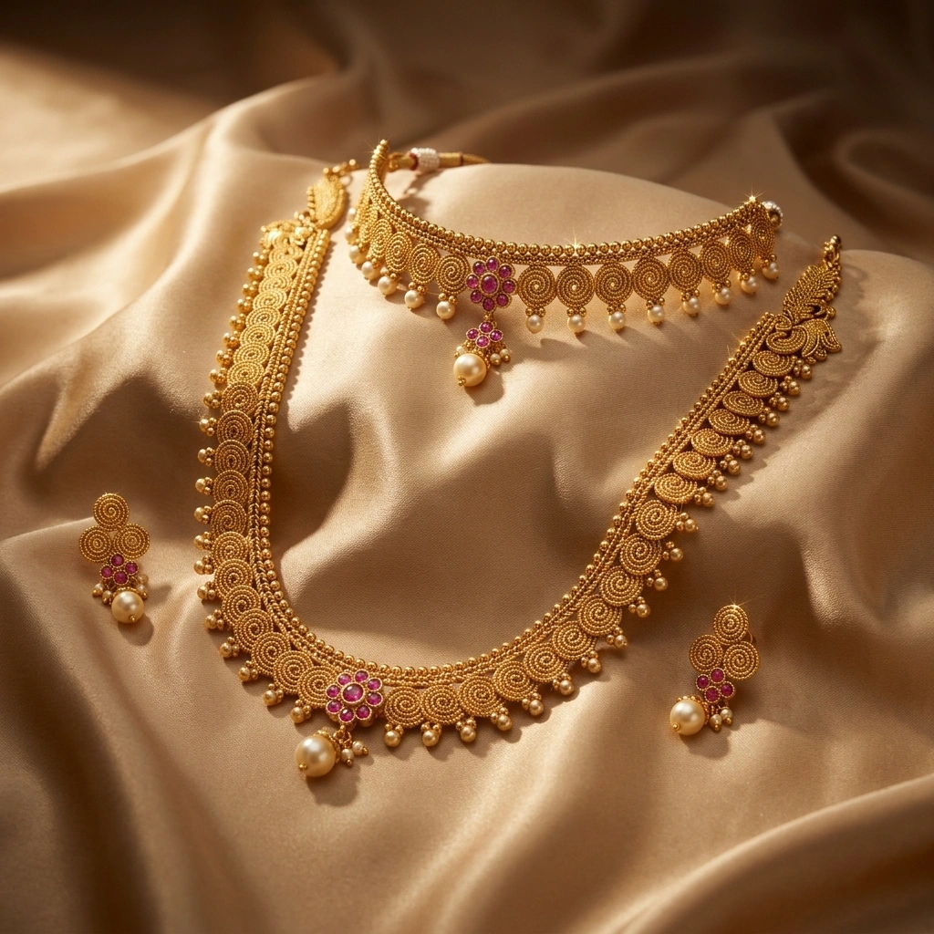 Heritage 1-Gram Gold Spiral Jalebi Haar & Matching Choker Bridal Set - 45° Hero Perspective Angle