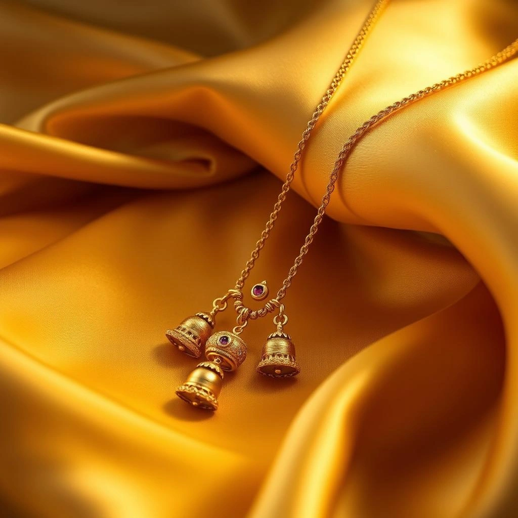 Heritage 1-Gram Gold Triple Strand Ghungroo Bell Long Necklace - 45° Hero Perspective Angle