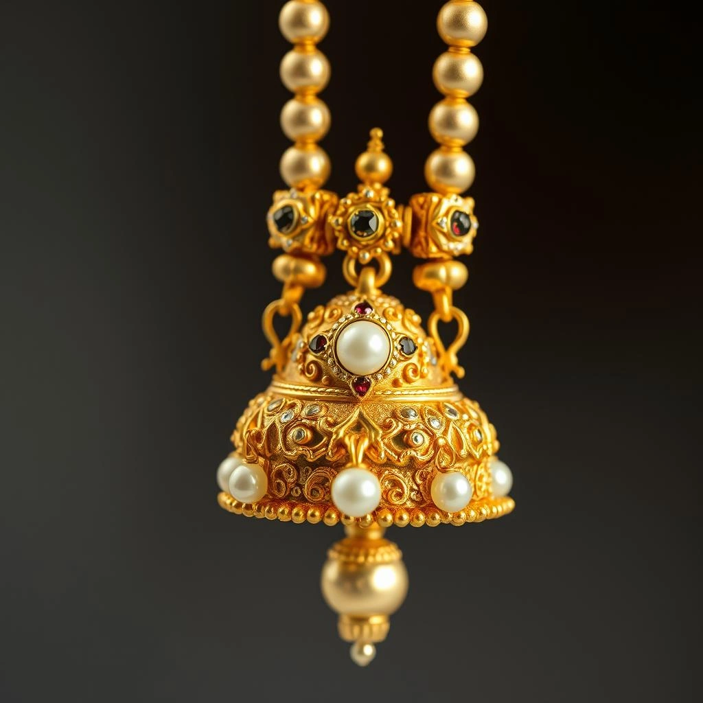 Heritage 1-Gram Gold Triple Strand Ghungroo Bell Long Necklace - Macro Detail Craftsmanship Focus