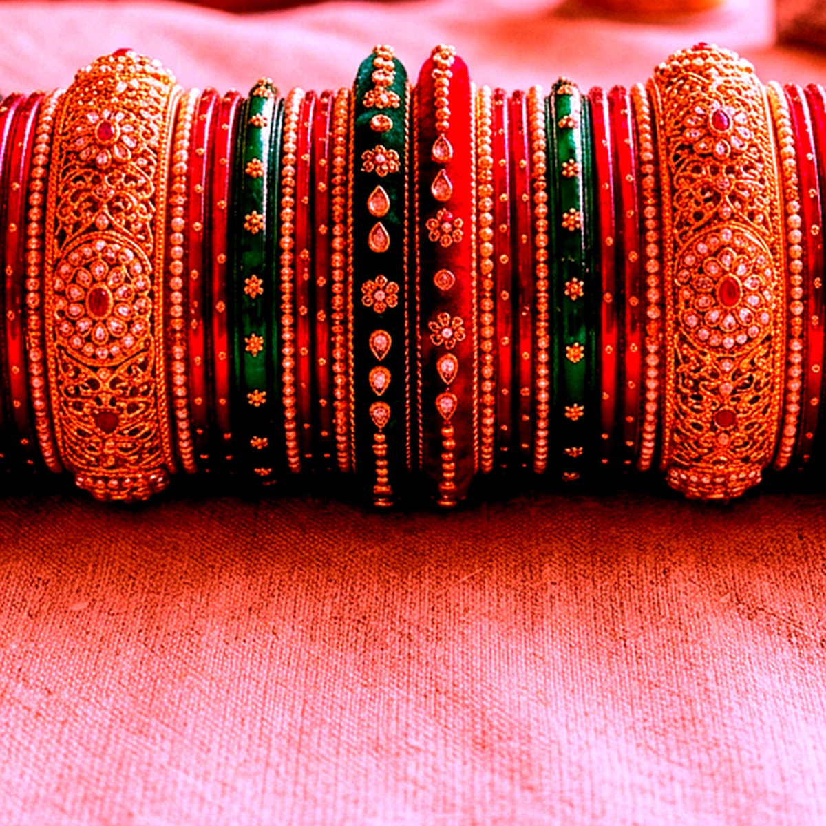Hyderabadi Ruby Red Velvet Touch Glass Bangles (Set of 12) - Macro Craftsmanship Detail View
