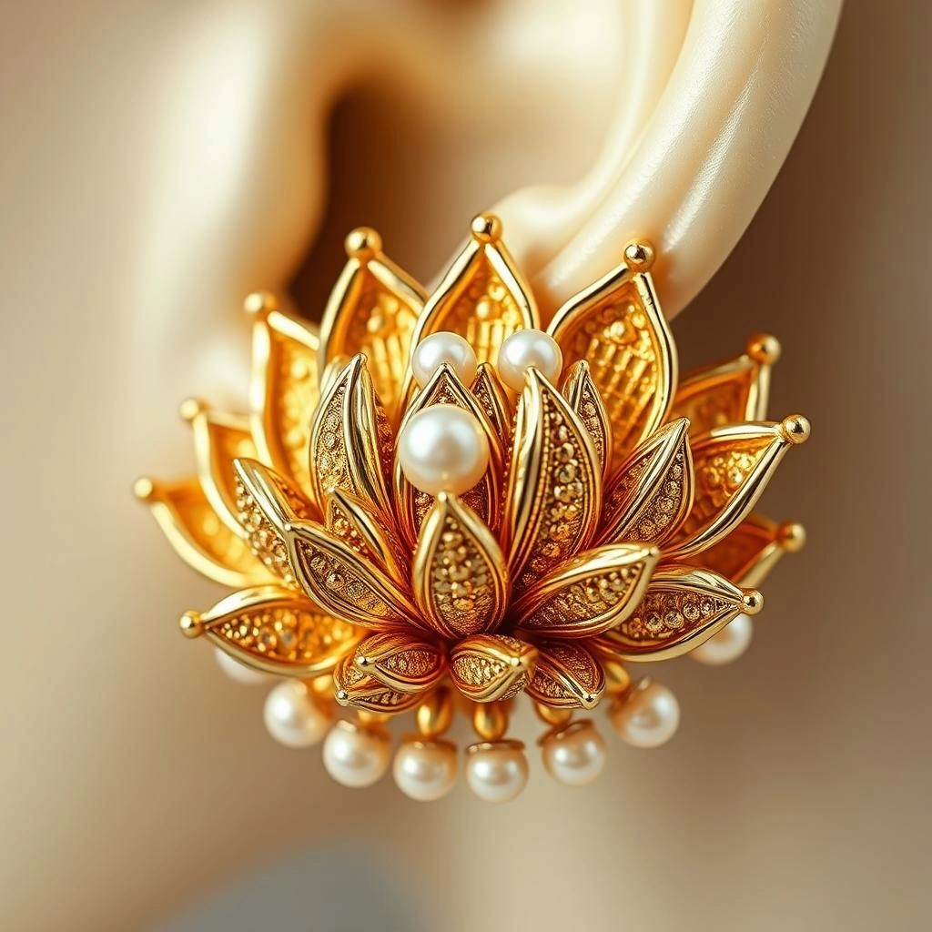 Imperial 1-Gram Gold Lotus Kamal Ear Cuffs with Pearl Fringe - Macro Detail Craftsmanship Focus