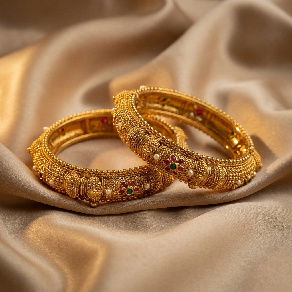 Imperial 1-Gram Gold Plated Traditional Maharashtrian Gokhru Tode Bangles (Pair of 2) - 45° Hero Perspective Angle