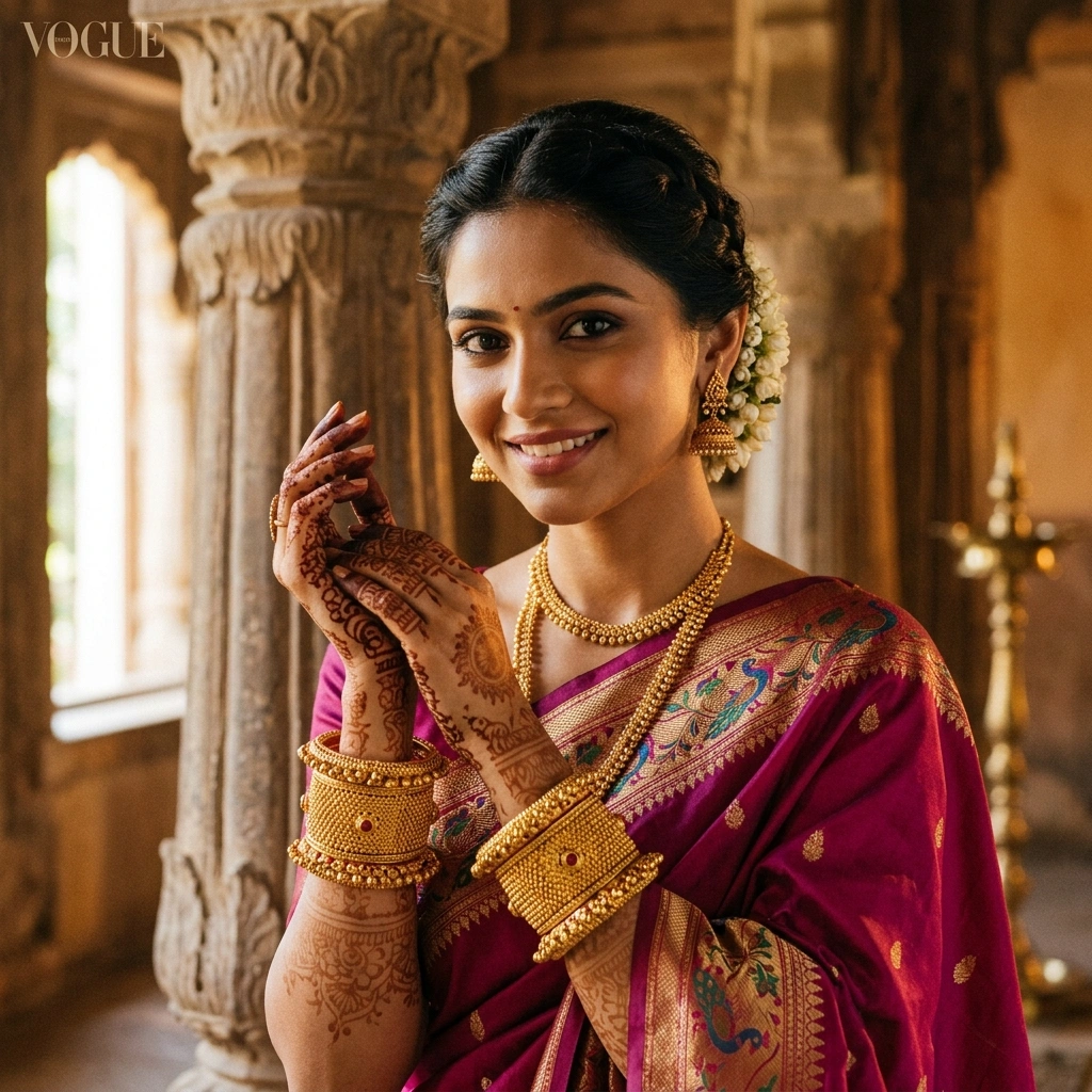 Imperial 1-Gram Gold Plated Traditional Maharashtrian Gokhru Tode Bangles (Pair of 2) - On-Model Luxury Lifestyle Shot