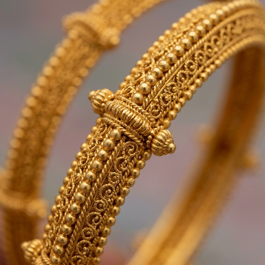 Imperial 1-Gram Gold Plated Traditional Maharashtrian Gokhru Tode Bangles (Pair of 2) - Macro Detail Craftsmanship Focus