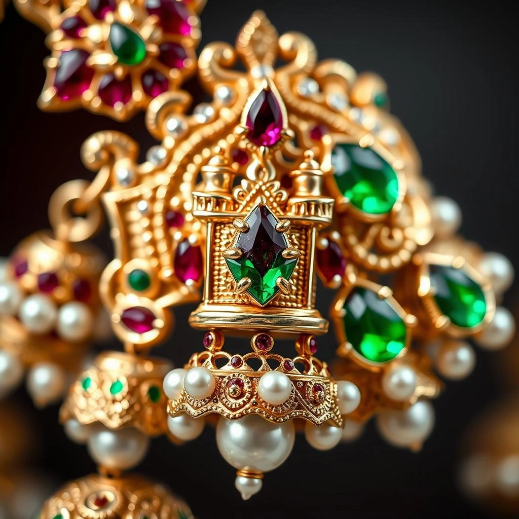 Imperial Full Kemp Ruby-Emerald Studded Temple Bridal Combo Set with Ghungroo Bells - Macro Detail Craftsmanship Focus