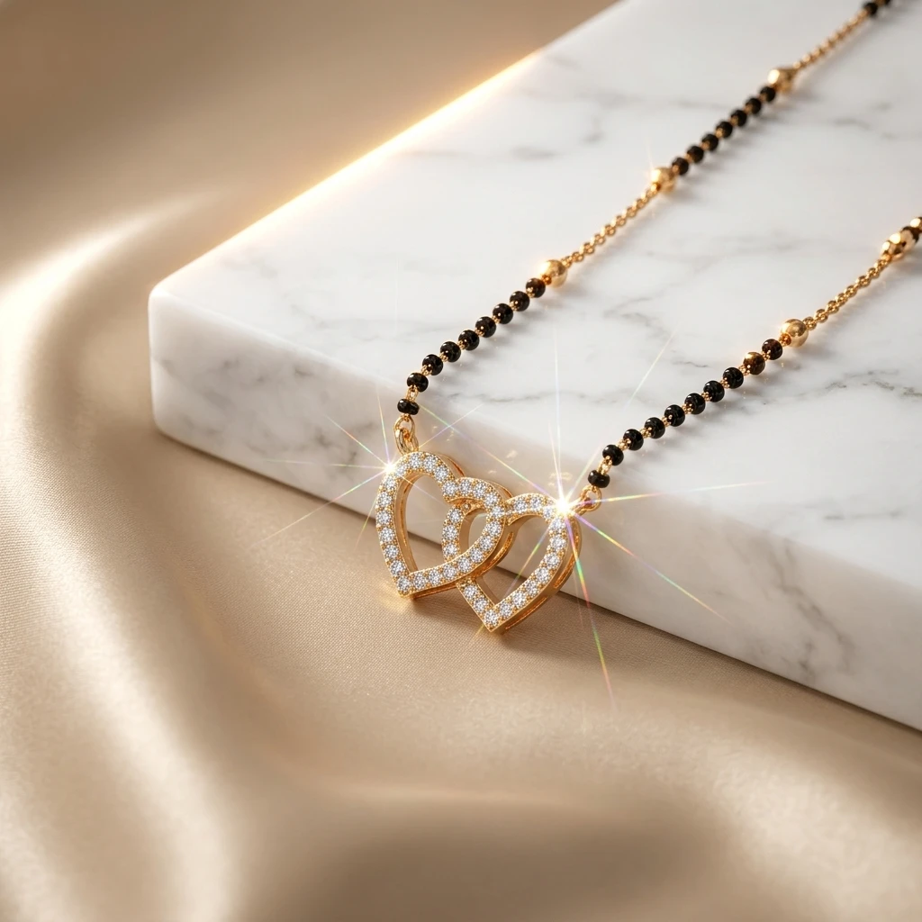 Rose Gold Interlocking Twin Heart AD Short Mangalsutra - 45° Hero Perspective Angle