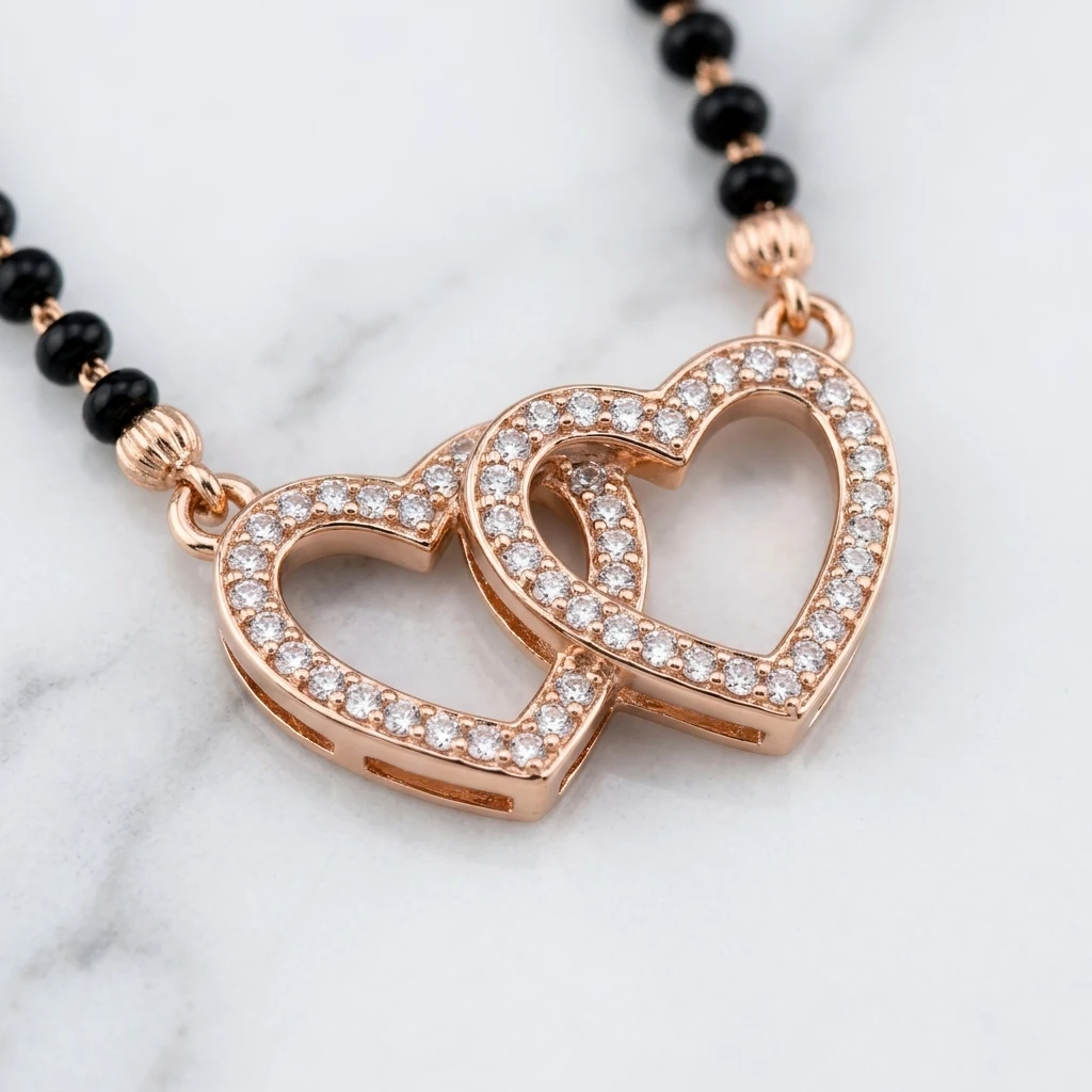 Rose Gold Interlocking Twin Heart AD Short Mangalsutra - Macro Detail Craftsmanship Focus