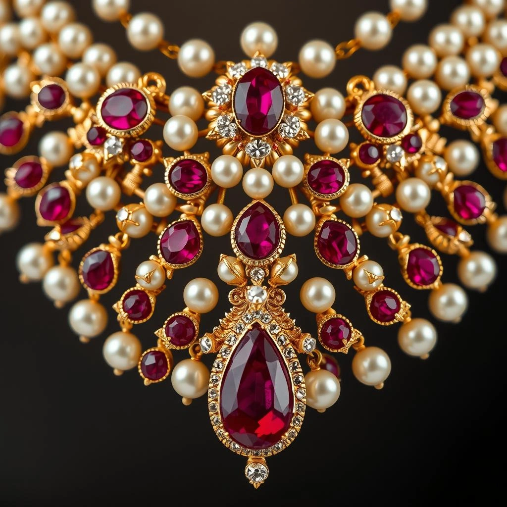 Kemp Ruby Teardrop Pearl Fringe Hasli Choker Necklace Set - Macro Detail Craftsmanship Focus