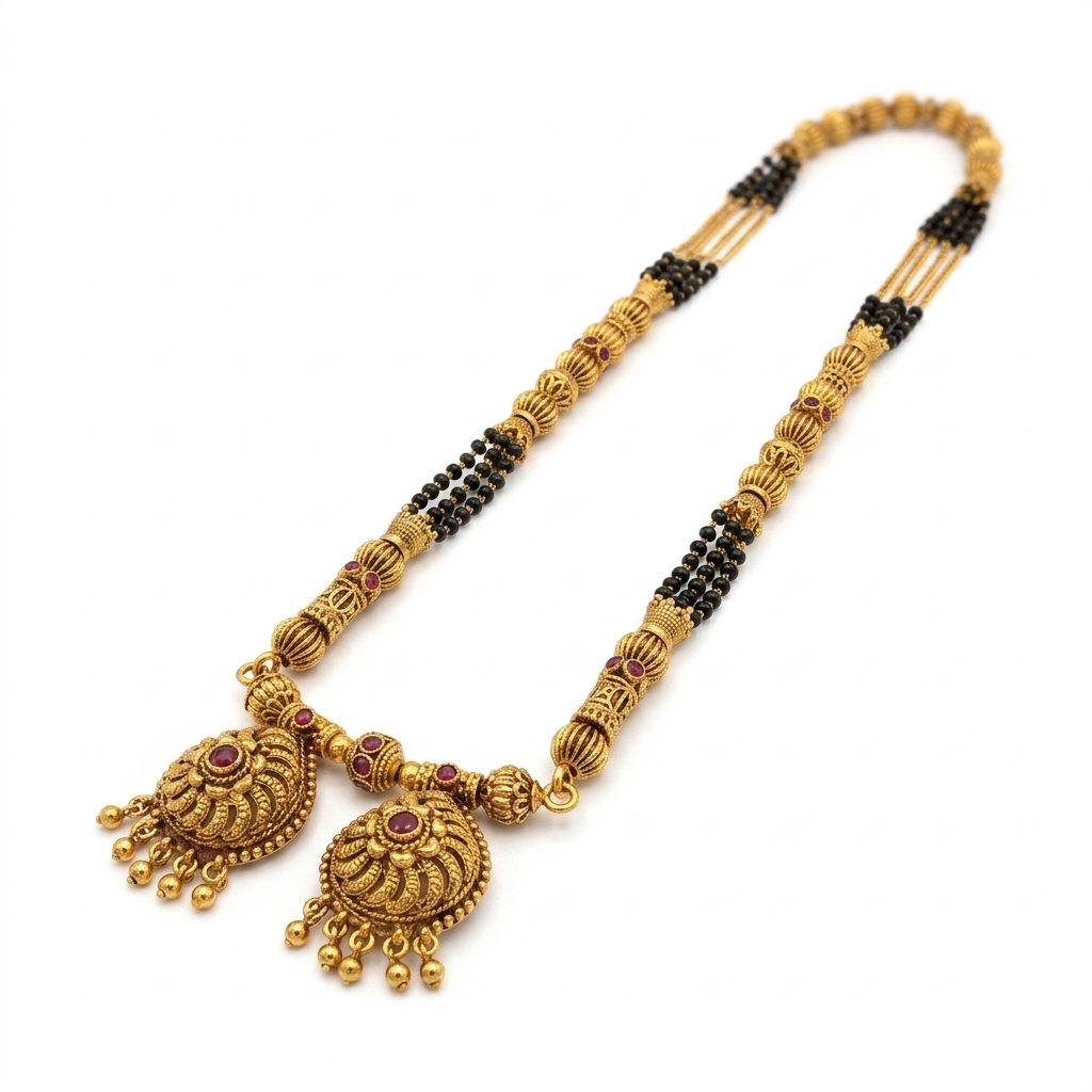 Traditional Kolhapuri 2-Vati Peacock Motif Long Mangalsutra - 45° Hero Perspective Angle