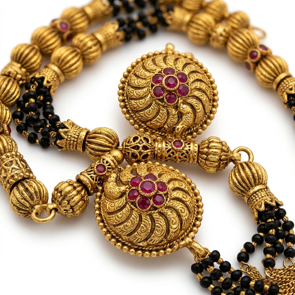 Traditional Kolhapuri 2-Vati Peacock Motif Long Mangalsutra - Macro Detail Craftsmanship Focus
