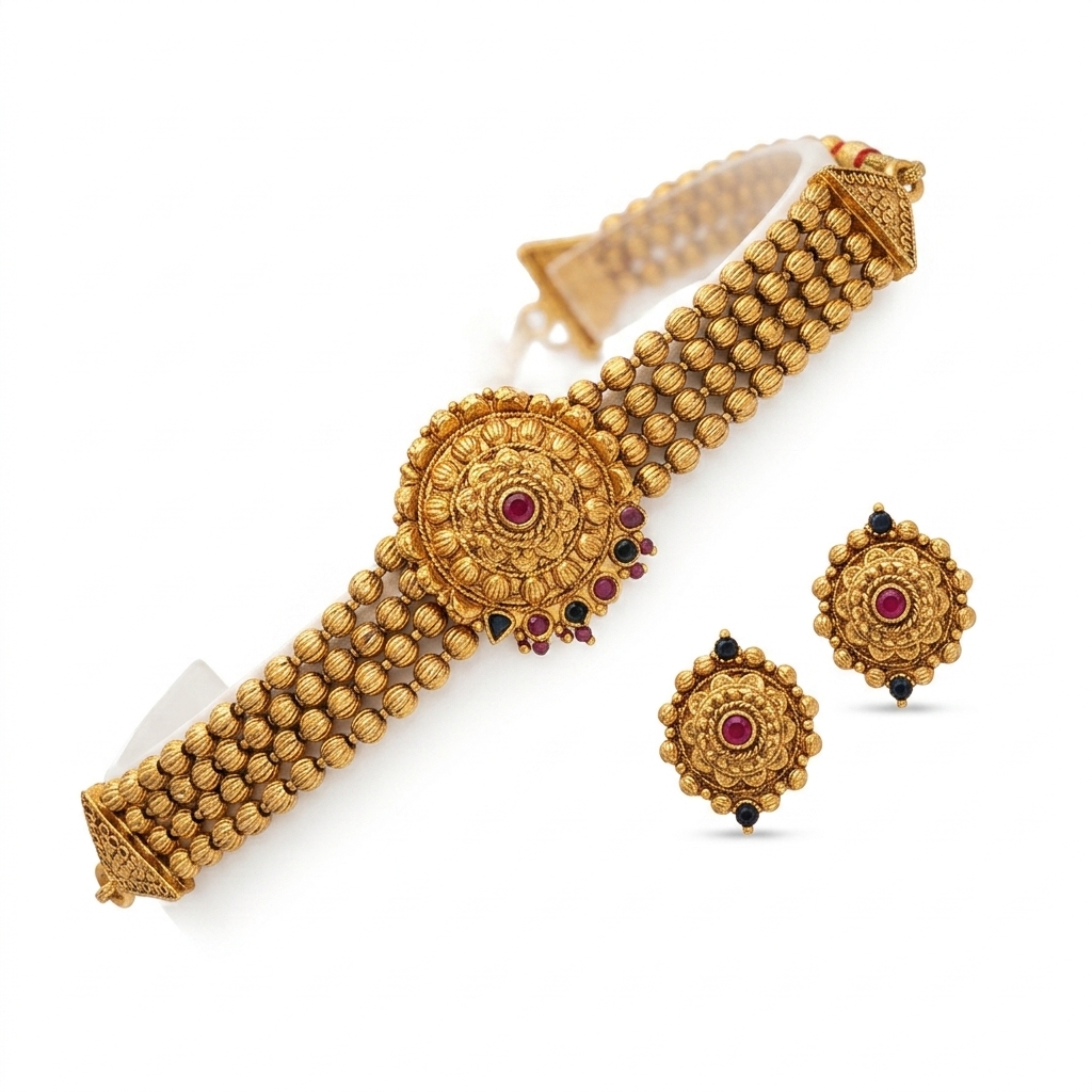 Traditional Kolhapuri Belpan Thushi Choker Set with Earrings - 45° Hero Perspective Angle