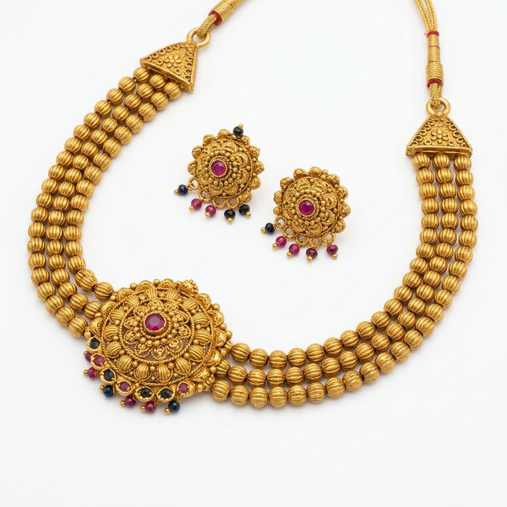 Traditional Kolhapuri Belpan Thushi Choker Set with Earrings - Macro Detail Craftsmanship Focus