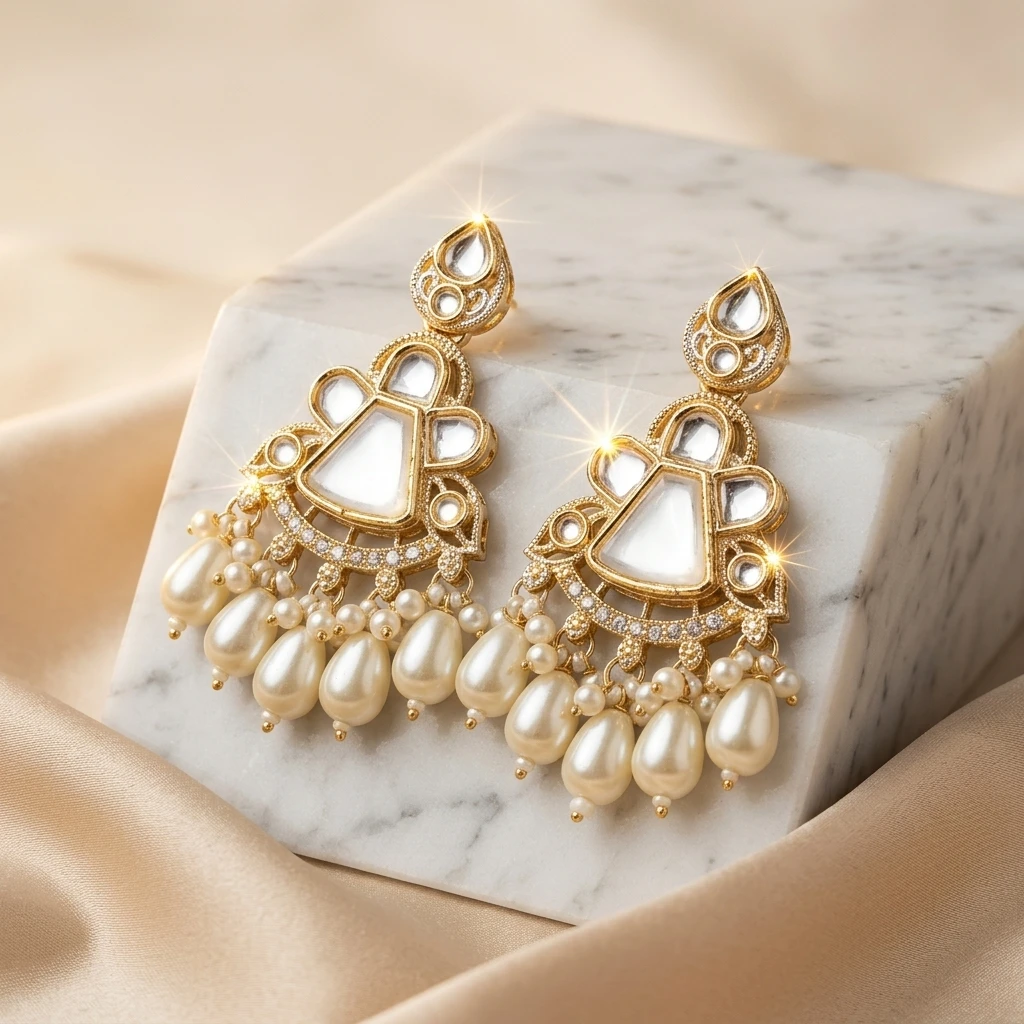 Antique Gold Kundan Chandelier Earrings with Mother-of-Pearl Drops - 45° Angle View