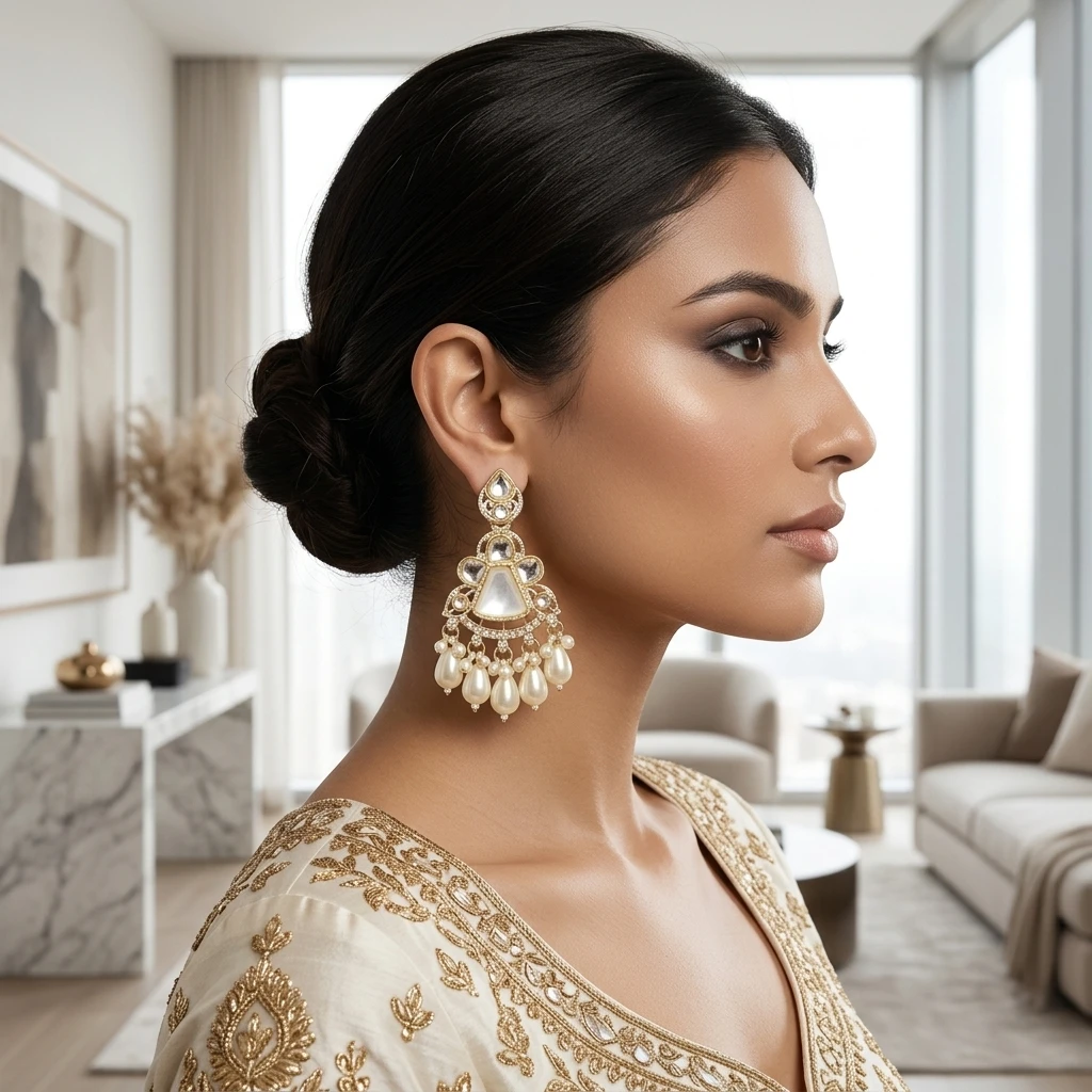 Antique Gold Kundan Chandelier Earrings with Mother-of-Pearl Drops - Lifestyle Model View
