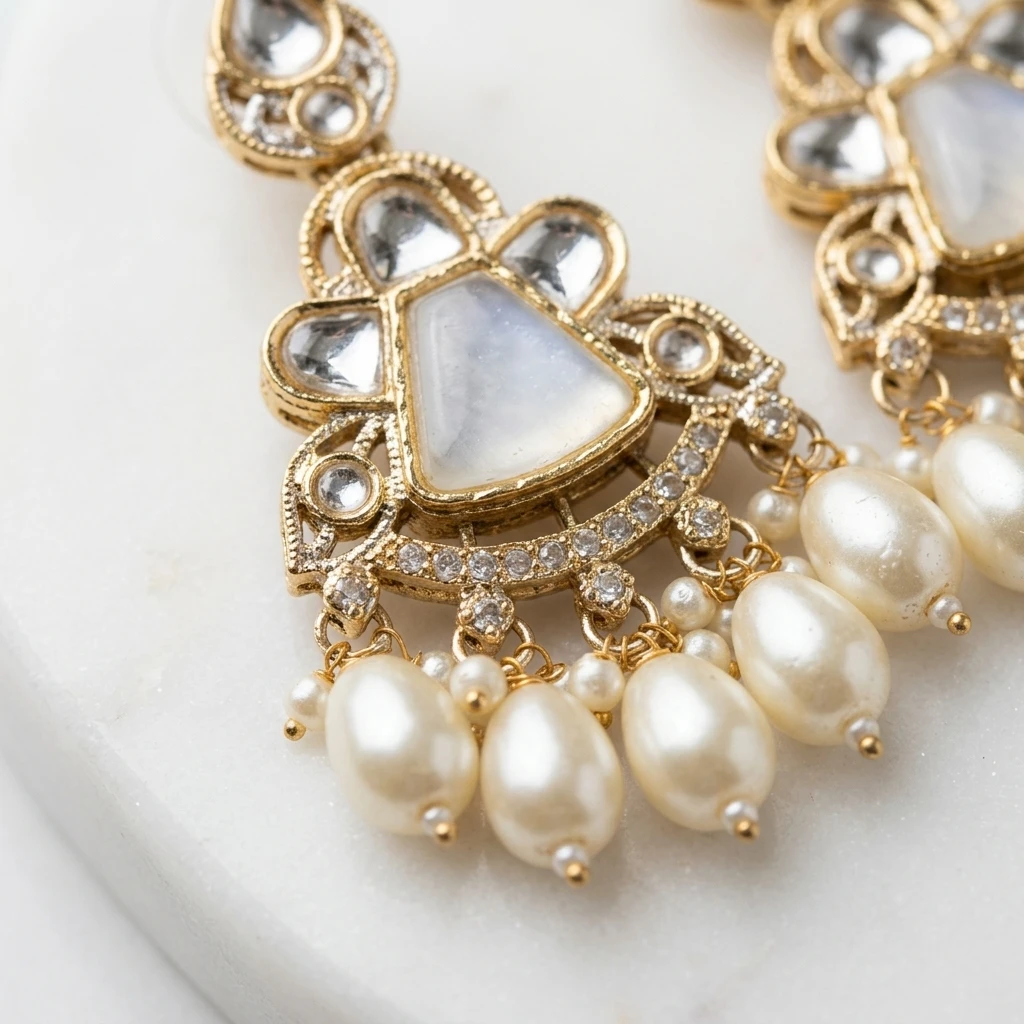 Antique Gold Kundan Chandelier Earrings with Mother-of-Pearl Drops - Macro Detail View