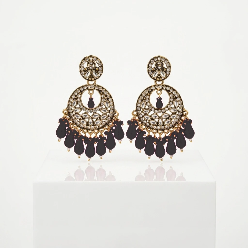 Antique Gold Kundan Polki Circular Chandbali with Magenta Drops - Jet Black Edition