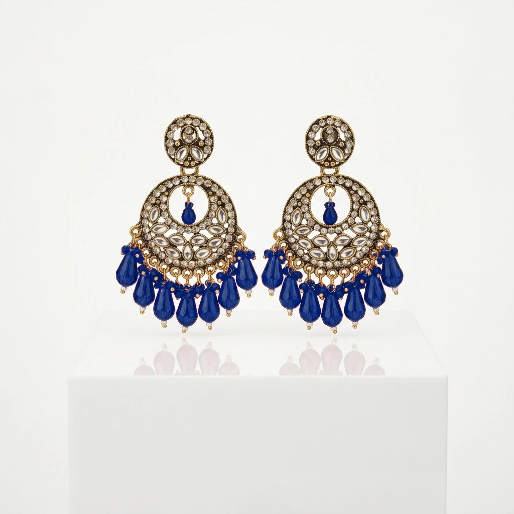Antique Gold Kundan Polki Circular Chandbali with Magenta Drops - Dark Blue Edition