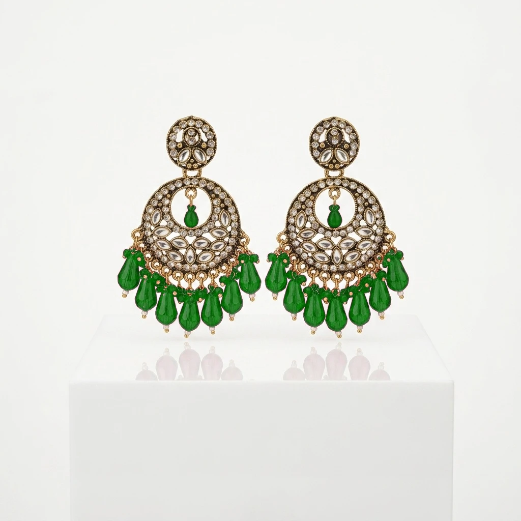 Antique Gold Kundan Polki Circular Chandbali with Magenta Drops - Dark Green Edition